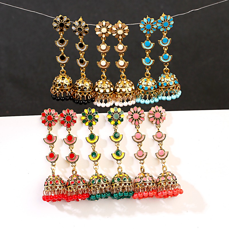 Indian Wedding Supply - Jhumka jhumki多色ビーズタッセルインド女性の花ロングブラブラアフガンエジプトトルコジプシージュエリー