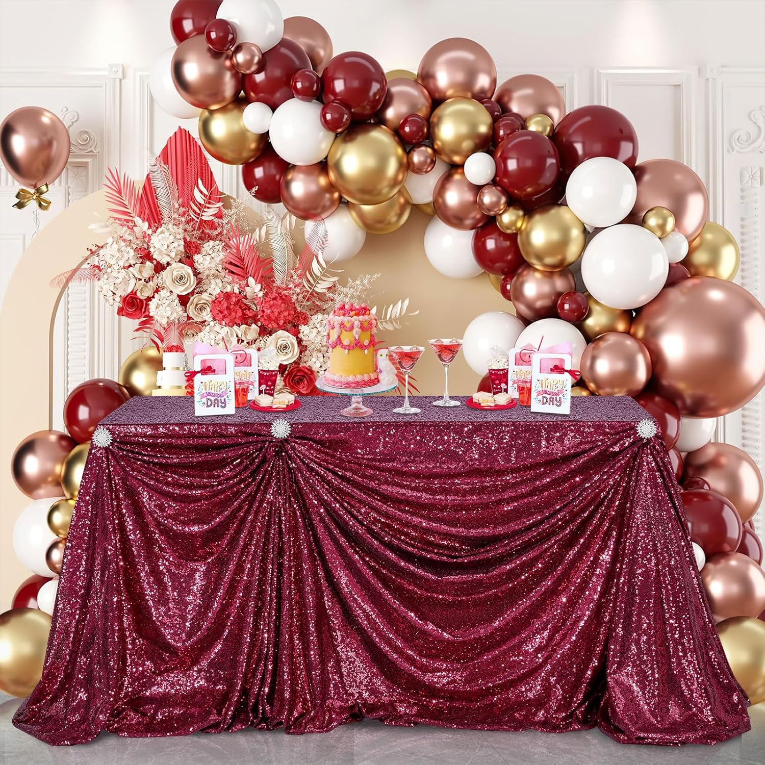 バーガンディスパンコールテーブルクロス グリッター長方形テー - Table Runner Sequin のレビューと価格