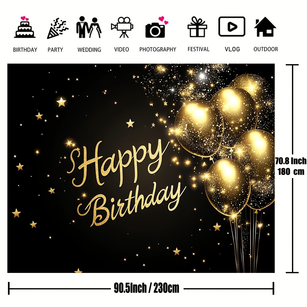 1個の超大型黒と金の「ハッピーバースデー」背景、キラキラ輝く - Wedding Superstar のレビューと価格
