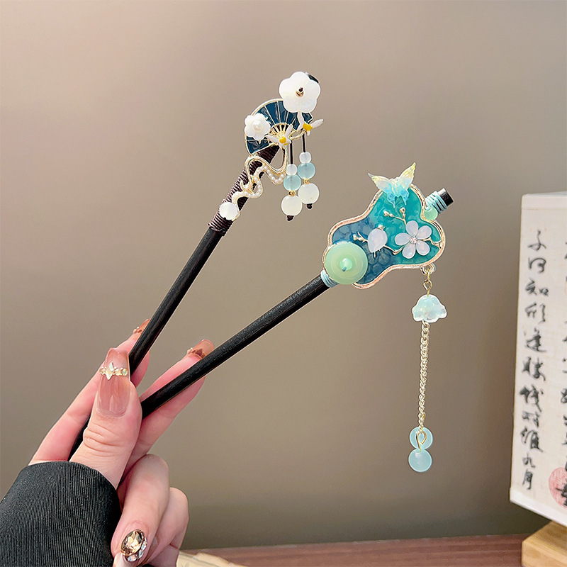 クラシックタッセルヘアスティック黒木製フラワーパールヘアピン - Wedding Decoration Supply のレビューと価格