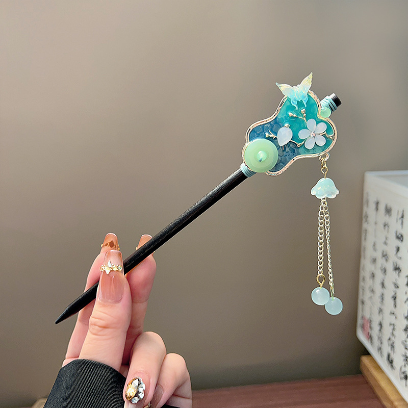 クラシックタッセルヘアスティック黒木製フラワーパールヘアピン - Wedding Decoration Supply のレビューと価格