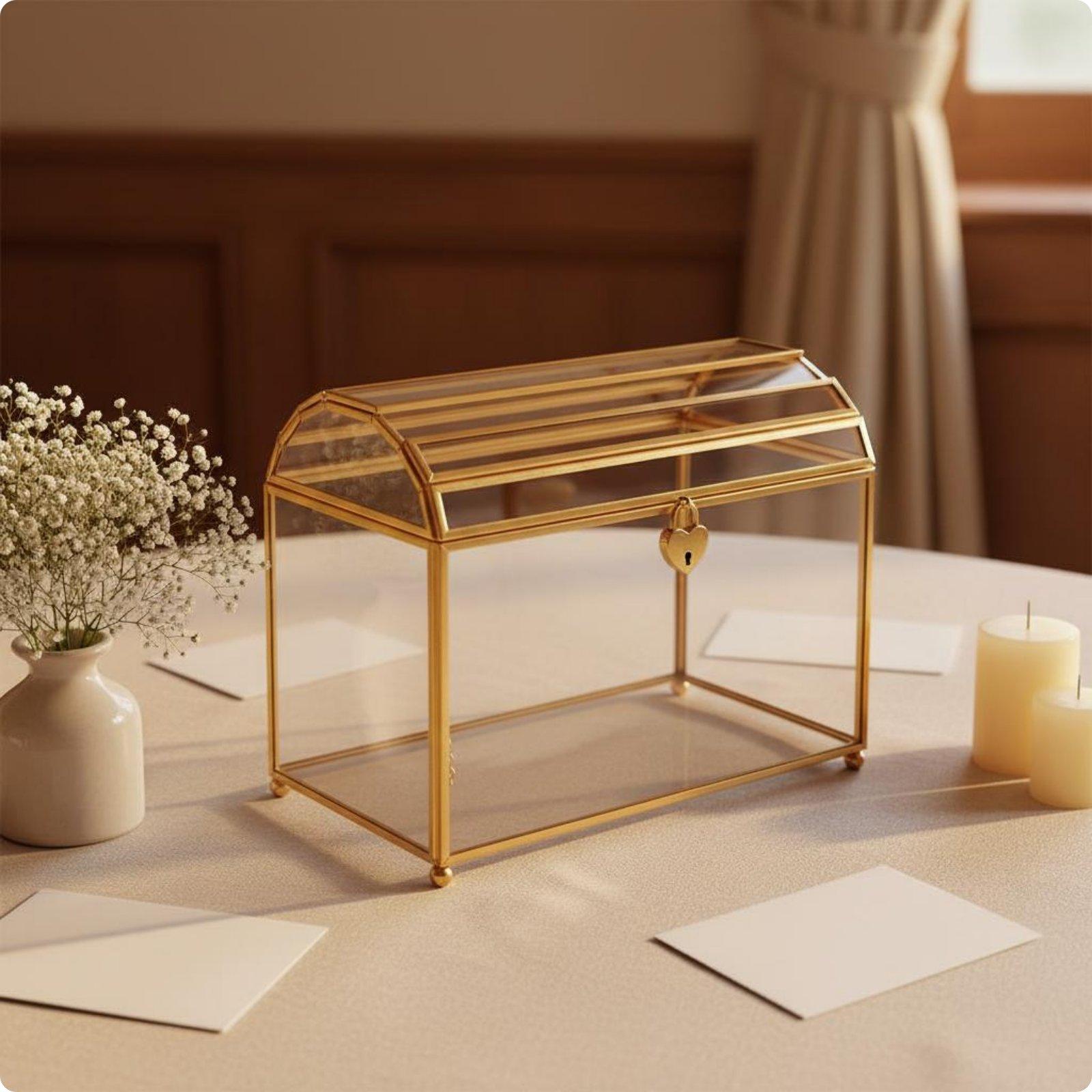 エレガントなガラス製ウェディング封筒ボックス、ロック付きカー - Wedding Card Box のレビューと価格