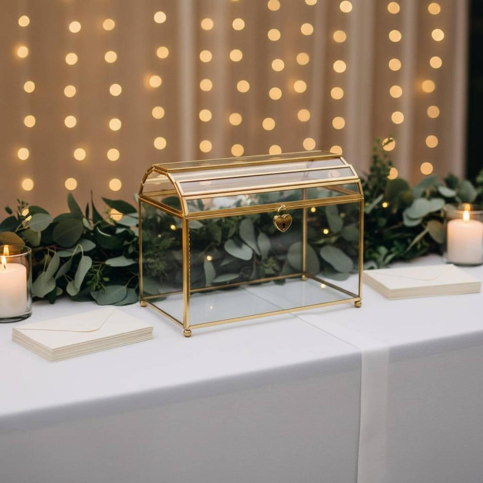 エレガントなガラス製ウェディング封筒ボックス、ロック付きカー - Wedding Card Box のレビューと価格